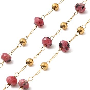 304 Stainless Steel Handmade Beaded Chains, with Dyed White Jades, with Spool, Unwelded, Real 18K Gold Plated, Camellia, 3~4.5x3~3.5mm, about 32.81 Feet(10m)/Roll