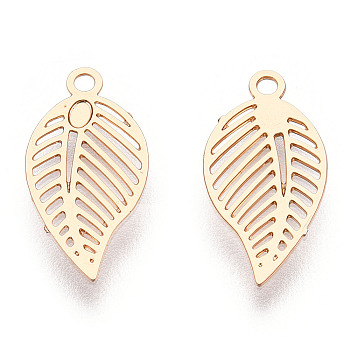 Rack Plating Brass Filigree Charms, Long-Lasting Plated, Leaf Charm, Light Gold, 12.5x6.5x0.4mm, Hole: 1mm