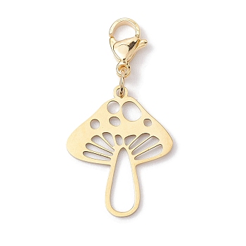 Hollow Mushroom 201 Stainless Steel Pendant Decoration, Lobster Claw Clasps Charm for Bag Ornaments, Golden, 25x20x1mm