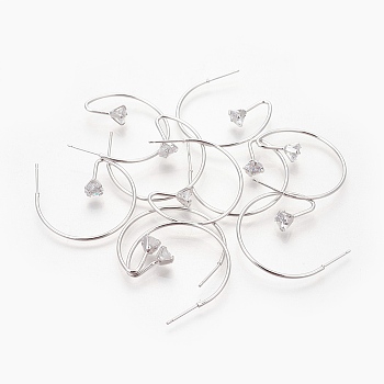 Brass Micro Pave Cubic Zirconia Stud Earrings, Half Hoop Earrings, Long-Lasting Plated, Nickel Free, Ring, Real Platinum Plated, 31x30.5x1mm, Pin: 0.8mm