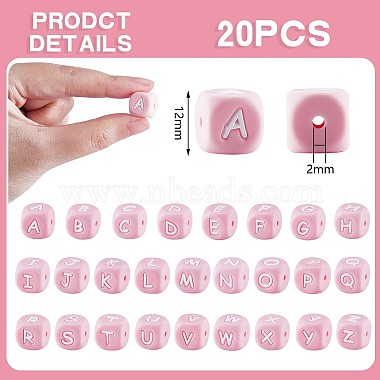 20Pcs Pink Cube Letter Silicone Beads 12x12x12mm Square Dice Alphabet Beads with 2mm Hole Spacer Loose Letter Beads for Bracelet Necklace Jewelry Making(JX435C)-2