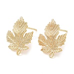 Brass Stud Earring Findings, Cadmium Free & Nickel Free & Lead Free, with Horizontal Loop, Maple Leaf, Real 18K Gold Plated, 18x15mm, Hole: 1.2mm, Pin: 0.7mm(KK-C031-31G)