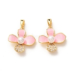 Brass Micro Pave Clear Cubic Zirconia Pendants, with Enamel & ABS Imitation Pearl, Flower Charms, Rack Plating, Long-Lasting Plated, Cadmium Free & Lead Free, Real 18K Gold Plated, Pearl Pink, 19x18.5x6.5mm, Hole: 4x2.5mm(KK-A304-25G-01)