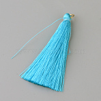Nylon Thread Tassel Big Pendants Decoration, with Brass Findings, Golden, Deep Sky Blue, 63~66x7mm, Hole: 7mm(X-FIND-Q065-A31)