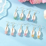 Natural Mixed Cowrie Shell Dangle Earrings, Shell Shape, with Electroplate Non-magnetic Synthetic Hematite Bead & Acrylic & 304 Stainless Steel Earring Findings, Golden, 51~54x14~15mm(EJEW-JE06858)