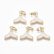 Brass Peg Bails Pendants, for Half Drilled Beads, with Acrylic, Mermaid Tail, Real 18K Gold Plated, Creamy White, 27x18x2mm, Hole: 4mm, Pin: 0.8mm(for half drilled beads), Jump Ring: 5x1mm, 3mm inner diameter(X-KK-N233-035-NF)