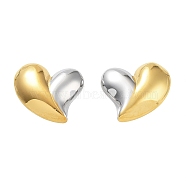 304 Stainless Steel Stud Earrings, Heart, Golden & Stainless Steel Color, 23x28mm(EJEW-Z032-02G-03)