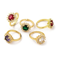 Flower Cubic Zirconia & Glass  Open Cuff Ring, Brass Finger Rings for Women, Mixed Color, 9mm, Adjustable (RJEW-U003-18)