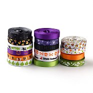 16 Rolls Halloween Satin Ribbon, Polyester Ribbin, for Gift Packaging, Halloween Themed Pattern, Mixed Color, 3/8 inch(9mm), about 5 yards/roll(4.57m/roll)(SRIB-P015-02)