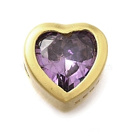 925 Sterling Silver Cubic Zirconia Beads, Heart, with 925 Stamp, Golden, Lilac, 6.5x6.5x4.5mm, Hole: 1.5mm(STER-L066-06G-04)