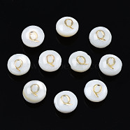 Natural Freshwater Shell Beads, with Golden Plated Brass Etched Metal Embellishments, Flat Round with Letter, Seashell Color, Letter.Q, 6x4mm, Hole: 0.8mm(SHEL-S278-036Q)