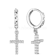 SHEGRACE Rhodium Plated 925 Sterling Silver Hoop Earrings, with Brass Micro Pave AAA Cubic Zirconia Cross Pendant, Platinum, 28mm, Cross: 13x10cm(JE608A)