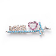 Brass Micro Pave Cubic Zirconia Links, Electrocardiograph & Heart with Word Love, Colorful, Platinum, 36x12x2mm, Hole: 0.7mm(KK-O109-09B-P)