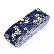 Japanese Kimono Style Floral Cotton Ribbon, Single Printed, for DIY Hair Bow, Headwear, Handmade Trim, Prussian Blue, 1-1/2 inch(40mm), about 10yards/roll(9.14m/roll)(OCOR-I008-01B-05)