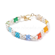 Shell Pearl & Glass Braided Flower Beaded Bracelet, Brass Wire Wrap Bracelet for Women, Colorful, 7-3/4 inch(19.7cm)(BJEW-TA00087)