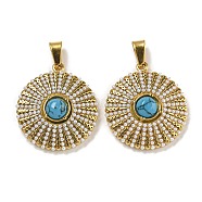 Ion Plating(IP) 304 Stainless Steel Pave Synthetic Turquoise Pendants, with ABS Plastic Pearl, Golden, Flat Round, 21.5x19.5x5.5mm, Hole: 5x3mm(STAS-U024-16G-01)