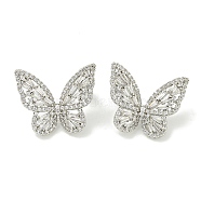 Rack Plating Butterfly Brass Micro Pave Clear Cubic Zirconia Stud Earrings, Platinum, 21x25.5mm(EJEW-H014-09P)