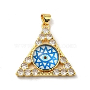 Real 18K Gold Plated Brass Pendants, with Glass and Acrylic, Triangle With Evil Eye Charms, Cornflower Blue, 27x28x7mm, Hole: 4x3.5mm(KK-L209-007G-07)