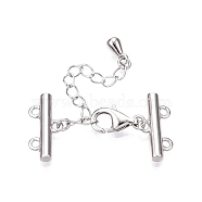 Anti-Tarnish Rhodium Plated 925 Sterling Silver Necklace Layering Clasps, with 2 Strands 4-Hole Ends and Lobster Claw Clasps, Platinum, 14x6.5x2mm, Hole: 1.2mm, Lobster Clasp: 9x5.5x2.5mm, Pendant: 6x3mm, Chain: 40mm.(STER-N016-13P)