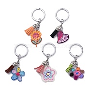 Alloy Keychain Findings, with Acrylic Pendant and Faux Suede Tassel Pendant, Colorful, 8.7~9.8cm(X-KEYC-JKC00276)
