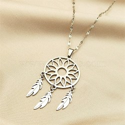 Non-Tarnish Woven Net/Web with Feather 304 Stainless Steel Boho Pendant Necklaces for Women, Stainless Steel Color, 15.94 inch(40.5cm)(NJEW-G087-02P)