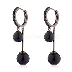Black Cubic Zirconia Double Ball Dangle Hoop Earrings, Brass Tassel Drop Earrings for Women, Gunmetal, 42x16mm, Pin: 0.8mm(JE1026A)