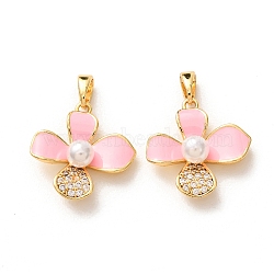 Brass Micro Pave Clear Cubic Zirconia Pendants, with Enamel & ABS Imitation Pearl, Flower Charms, Rack Plating, Long-Lasting Plated, Cadmium Free & Lead Free, Real 18K Gold Plated, Pearl Pink, 19x18.5x6.5mm, Hole: 4x2.5mm(KK-A304-25G-01)