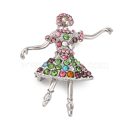 Dancing Girl Alloy Colorful Rhinestone Brooch, Platinum, 48x40mm(JEWB-Q045-04P-03)