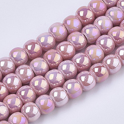 Electroplate Porcelain Beads, Handmade Bright Glazed Porcelain, AB Color Plated, Round, Pink, 7x6mm, Hole: 2.5mm, 26.38 inch~27.16 inch(67~69cm), about 120~121pcs/Strand(PORC-N005-04G)