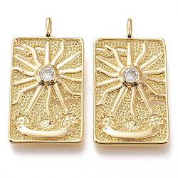 Brass Micro Pave Clear Cubic Zirconia Pendants, with Jump Rings, Long-Lasting Plated, Rectangle with Sun, Clear, Golden, 43x23x5mm, Hole: 5x2.5mm(X-ZIRC-I044-06G)