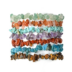 7Pcs 7 Styles Chakra Natural Red Jasper & Red Aventurine & Apatite & Amethyst & Green Aventurine & Tiger Eye, Synthetic Turquoise Stretch Chip Beaded Bracelet Sets, Stackable Bracelets, Inner Diameter: 2 inch(5cm), 1pc/style(BJEW-JB10908)