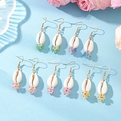 Natural Mixed Cowrie Shell Dangle Earrings, Shell Shape, with Electroplate Non-magnetic Synthetic Hematite Bead & Acrylic & 304 Stainless Steel Earring Findings, Golden, 51~54x14~15mm(EJEW-JE06858)