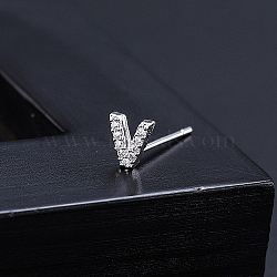 Platinum Brass Micro Pave Cubic Zirconia Stud Earrings, Initial Letter, Letter V, No Size(XI6969-22)