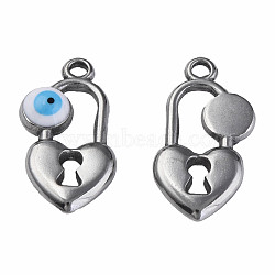 304 Stainless Steel Enamel Pendants, Heart Padlock with Evil Eye, Stainless Steel Color, White, 20x11x3mm, Hole: 1.8mm(STAS-N087-53-02P)