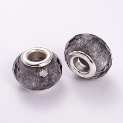 Faceted Resin European Beads, Large Hole Rondelle Beads, with Silver Tone Brass Cores, Gray, 14x9mm, Hole: 5mm(RPDL-J012-14)
