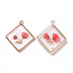 Transparent Clear Epoxy Resin Pendants, with Edge Golden Plated Alloy Loops, Rhombus Charms with Inner Flower, Light Coral, 30x26.5x3mm, Hole: 1.8mm(RESI-L036-11KCG-06)
