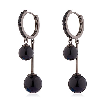 Black Cubic Zirconia Double Ball Dangle Hoop Earrings, Brass Tassel Drop Earrings for Women, Gunmetal, 42x16mm, Pin: 0.8mm
