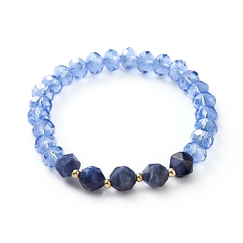 Stretch Bracelets, with Glass Beads, Natural Sodalite Beads and Real 18K Gold Plated Brass Beads, 1-7/8 inch(4.8cm)