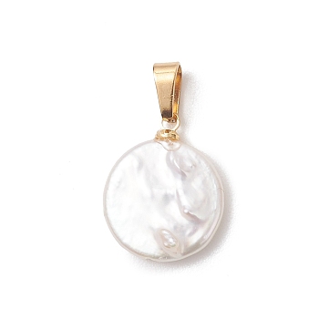 Natural Keshi Pearl Pendants, Flat Round Charms, with 304 Stainless Steel Snap on Bails, White, Golden, 17.5x14.5x4.5mm, Hole: 5.5x3.5mm