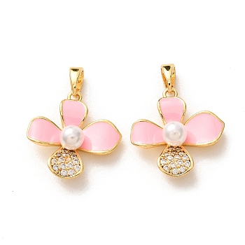 Brass Micro Pave Clear Cubic Zirconia Pendants, with Enamel & ABS Imitation Pearl, Flower Charms, Rack Plating, Long-Lasting Plated, Cadmium Free & Lead Free, Real 18K Gold Plated, Pearl Pink, 19x18.5x6.5mm, Hole: 4x2.5mm