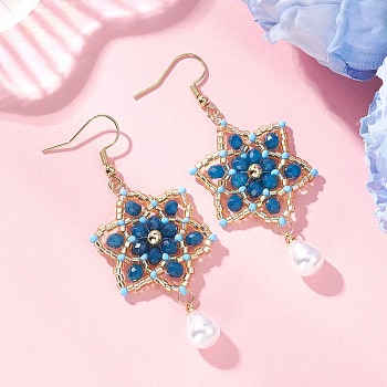 Dyed Natural Malaysia Jade & Glass Seed Beaded Flower with Teardrop Dangle Earrings, with Stainless Steel Earring Findings, Golden, Blue, 65~65.5x26mm