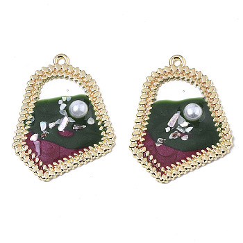 Epoxy Resin Pendants, with Shell and ABS Plastic Imitation Pearl, Light Gold Plated Alloy Open Back Bezel, Dark Olive Green, 27x36x5mm, Hole: 1.8mm