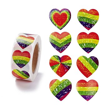 Paper Gift Tag Stickers, with Rainbow Heart Pride Adhesive Labels Roll Stickers, for Party, Decorative Presents, Heart Pattern, 2.5x2.5x0.01cm