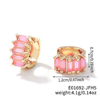 Cute Square Candy Brass Cubic Zirconia Hoop Earrings, Fashionable Versatile Accessories, Golden, Pink, 7x12mm