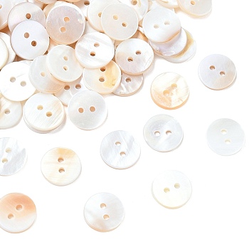 2-Hole Shell Flat Round Buttons, Seashell Color, 13x2mm, Hole: 2mm, about 500pcs/bag