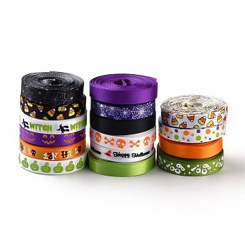 16 Rolls Halloween Satin Ribbon, Polyester Ribbin, for Gift Packaging, Halloween Themed Pattern, Mixed Color, 3/8 inch(9mm), about 5 yards/roll(4.57m/roll)