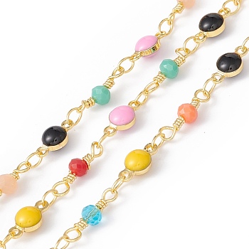 Handmade Eco-friendly Brass Enamel Flat Round Link Chain, with Glass Beaded, Real 18K Gold Plated, Lead Free & Cadmium Free, Soldered, with Spool, Colorful, 9x4.5x3mm, 12.5x3.5mm