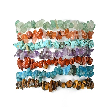 7Pcs 7 Styles Chakra Natural Red Jasper & Red Aventurine & Apatite & Amethyst & Green Aventurine & Tiger Eye, Synthetic Turquoise Stretch Chip Beaded Bracelet Sets, Stackable Bracelets, Inner Diameter: 2 inch(5cm), 1pc/style