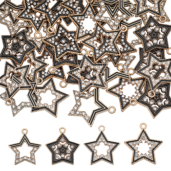 40Pcs 4 Style Alloy Enamel Pendants, with Crystal Rhinestone, Star Charms, Light Gold, 22~24x20~22x1.5~2mm, Hole: 1.8mm, 10Pcs/style