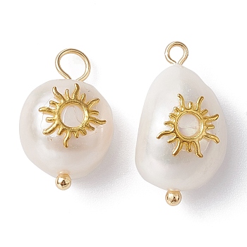 Natural Pearl Pendants, Potato Charms with Golden Plated Brass Slice, Sun, 16~19x10~11x7.5~10mm, Hole: 3mm